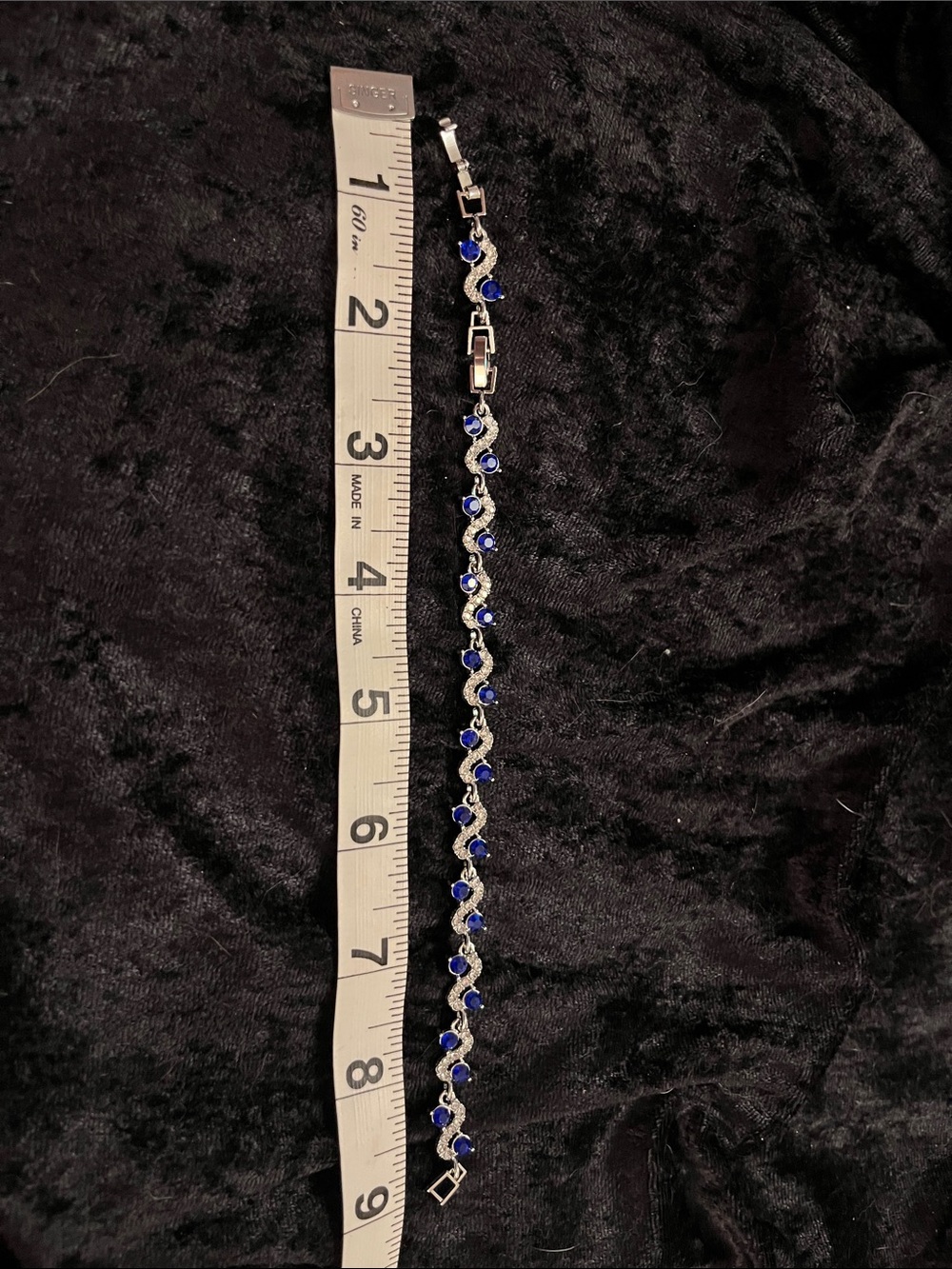 Vintage Sapphire Blue Rhinestone S-Link Silver Tone Tennis Bracelet Dainty Luxe
